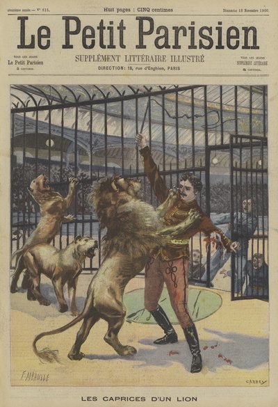 Een leeuwentemmer aangevallen door een van zijn dieren door Fortune Louis Meaulle