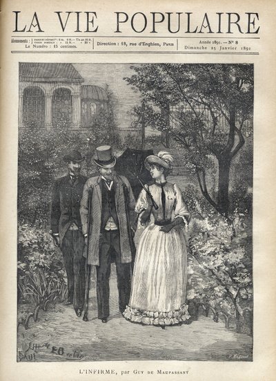 Een man met krukken loopt met een elegante jonge vrouw in de paden van een park. Een tweede man volgt hen. Illustratie van Fortune Louis Meaulle voor 
