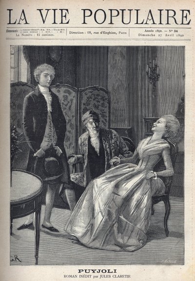 Een knappe blonde jongeman, ziet er slecht uit, heeft net zijn voorstel gedaan, ziet het meisje lachen, omgevallen op haar stoel, onder de verbaasde ogen van haar vader. Illustratie voor Puyjoli door Jules Claretie (1840-1913). Gravure door Fortune Meaulle door Fortune Louis Meaulle