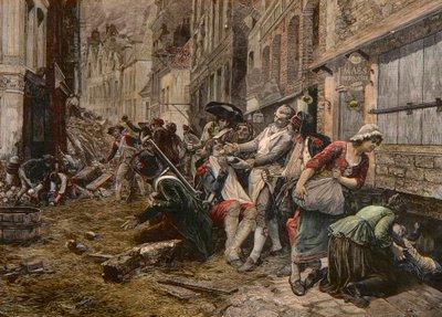 Een belegeringsepisode in Lille, oktober 1792 - Beleg van Lille in 1792: de pruik Maes gebruikt een bomhuls als baardschaal om een klant te scheren - gravure door Meaulle naar het schilderij van Gaston Melingue door Fortune Louis Meaulle
