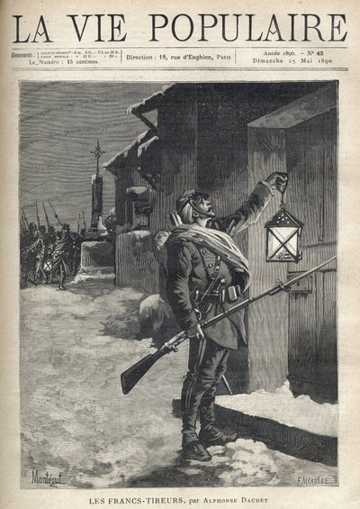 Een soldaat, met al zijn uitrusting, een bajonetgeweer en zwaaiend met een lantaarn voor de gesloten deur van een stadshuis. Achter hem, bij het IJzeren Kruis, komt de rest van de troep om zich bij hem te voegen. Illustratie van Montegut (?), voor Les Fran door Fortune Louis Meaulle