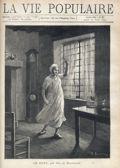 Een vrouw in een hemd en nachtcap, met een gezicht vol angst, verdrietige ogen en een opgestoken hand, staat blootsvoets voor het raam van haar huis, waardoor men de masten van de boten ziet. Binnen, een klok, een vogelkooi en weinig meubels. Illustratie d door Fortune Louis Meaulle