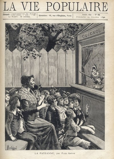 Een vrouw in het midden van een groep kinderen applaudisseert voor een poppenshow (Guignol). Illustratie van Fortune Meaulle door Montegut voor 
