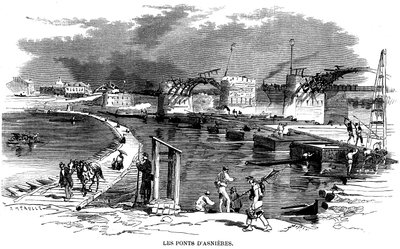 Na de brand van de brug van Asnieres tijdens het beleg van Parijs in 1870, werd een bootbrug geïnstalleerd - op deze gravure door Meaulle, een andere houten structuur naast de vernietigde brug - Commune de Paris - door Fortune Louis Meaulle