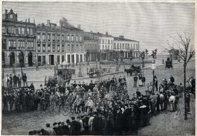 Vertrek van de Bordeaux-Parijs (Bordeaux Parijs) wielerwedstrijd in 1891 - gravure door Meaulle van 1891 door Fortune Louis Meaulle