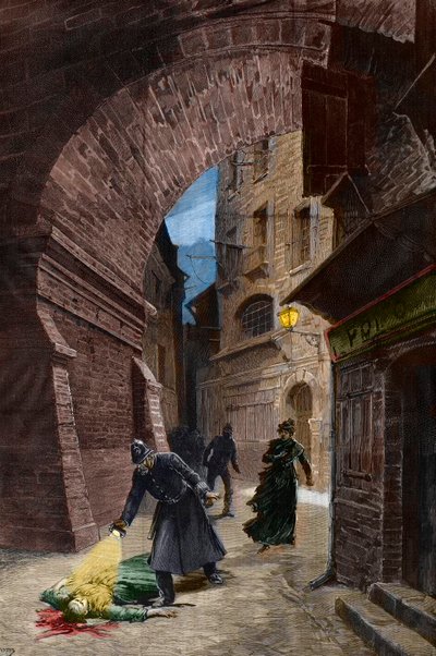 Ontdekking van een slachtoffer van Jack the Ripper, Whitechapel, Londen door Fortune Louis Meaulle