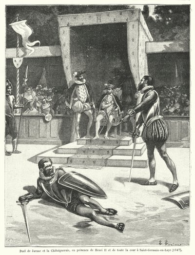 Duel tussen Guy Cabot de Jarnac en François de Vivonne, Seigneur de la Châtaigneraie voor koning Hendrik II van Frankrijk en zijn hele hof in St Germain-en-Laye door Fortune Louis Meaulle
