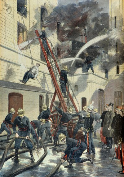 Felix Faure woont de training van de Parijse brandweer bij in 1898 (Gravure) door Fortune Louis Meaulle