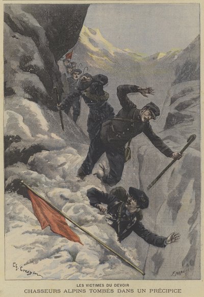 Franse Chasseurs Alpins bergtroepen vallen over een afgrond door Fortune Louis Meaulle
