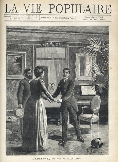 In een bourgeois salon, een man haast zich naar de gastvrouw en grijpt haar handen, terwijl hij zijn hoed op de grond laat vallen, onder de verbaasde blik van een andere man. Illustratie door Bernard Borione (1865-20e eeuw), voor de test door Guy door Fortune Louis Meaulle