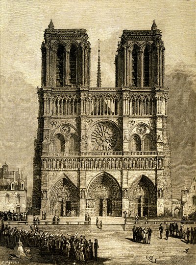 Notre Dame de Paris in 1482: westgevel en voorplein. Gravure door F. Méaulle, gebaseerd op een tekening van Viollet-le-Duc ter illustratie van de gelijknamige roman van Victor Hugo, Ollendorff Editie begin 20e eeuw door Fortune Louis Meaulle