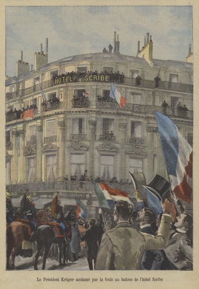 Paul Kruger, voormalig president van Transvaal, op het balkon van het Hotel Scribe in Parijs, ontvangt de toejuiching van de menigte door Fortune Louis Meaulle