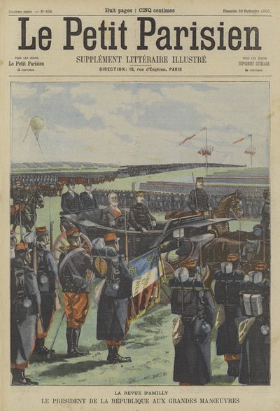 President Loubet van Frankrijk inspecteert troepen tijdens de grote manoeuvres van het Franse leger in Amilly door Fortune Louis Meaulle