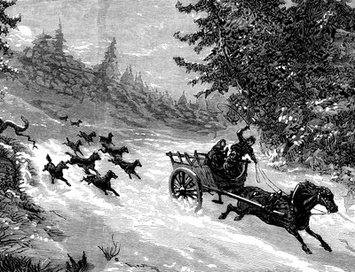 De angst voor de wolf: Een roedel wolven achtervolgt een kar met drie mensen, getrokken door een paard dat wegrent in de sneeuw, in een bos in de Ardennen - gravure door Meaulle in “Het Illustere Universum” Nr. 918, januari 1872 - door Fortune Louis Meaulle
