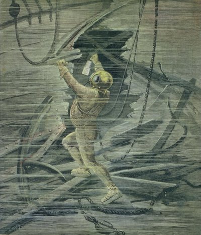 Een diepzeeduiker kijkt naar de wrakken in de haven van Le Havre, uit 