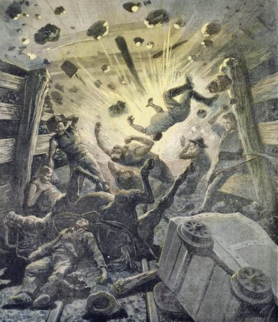Een gasexplosie, illustratie uit de geïllustreerde bijlage van Le Petit Journal, 2 april 1892 door Fortune Louis Meaulle and Henri Meyer
