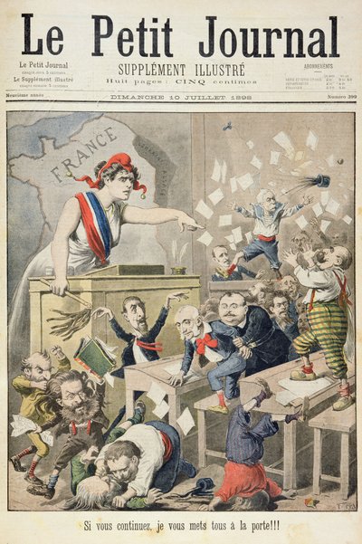 Titelpagina die een rel in het Huis van Afgevaardigden afbeeldt, illustratie uit het geïllustreerde supplement van Le Petit Journal, 10 juli 1898 door Fortune Louis Meaulle and Henri Meyer