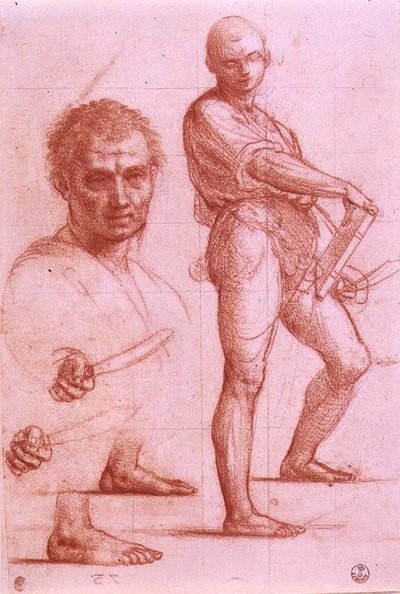 Studie van een man met een zwaard en een boek, het zwaard en de voeten tweemaal gerepeteerd, en een mannenhoofd door Fra Bartolomeo