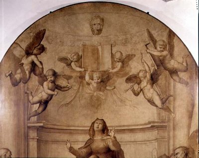 Het Grote Raad Altaarstuk, detail met muzikale engelen die een boek omhoog houden door Fra Bartolomeo