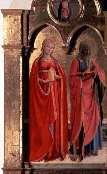 Maagd en Kind op de Troon met Vier Engelen, detail van St. Johannes de Evangelist en Maria Magdalena, uit het Polittico di San Domenico (detail) door Fra (c.1387 1455) Angelico