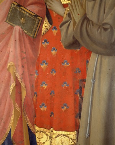 Detail van het altaarstuk van Annalena. Tuniek en kleding van Sint Jan de Evangelist, Sint Laurentius en Sint Franciscus (tempera op hout) door Fra  Angelico