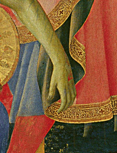 Detail van Santa Trinita Altaarstuk, lijst en pinakels door Lorenzo Monaco (Piero di Giovanni) (c.1370-1425) voltooid c.1434 door Fra  Angelico