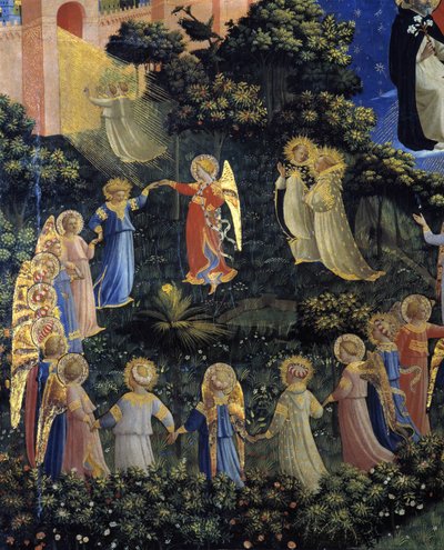Het laatste oordeel: detail van een ronde gemaakt door de engelen in het paradijs door Fra  Angelico