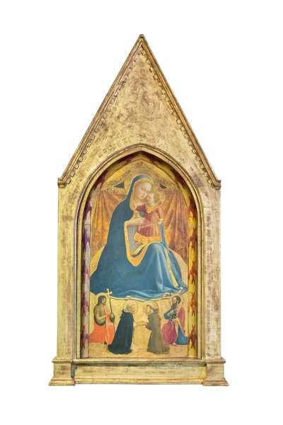 Madonna van de nederigheid, st Johannes de Doper en Paulus: ontmoeting van st Dominicus en Franciscus van Assisi door Fra (c.1387 1455) Angelico