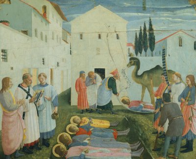 De begrafenis van de heiligen Cosmas en Damian, predella schilderijen die het verhaal van de heiligen Cosmas en Damian van het San Marco altaarstuk uitbeelden (ca. 1443) door Fra  Angelico