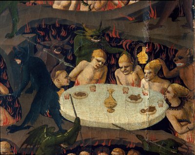Het laatste oordeel: de verdoemden worden mishandeld door demonen in de onderwereld door Fra  Angelico