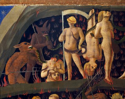 Het laatste oordeel: de verdoemden naar de onderwereld geleid door demonen door Fra  Angelico