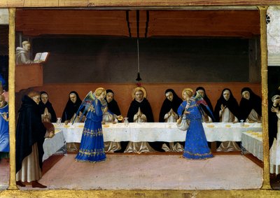 De monniken aan tafel, de keuken van de engelen. Leven van Sint Dominica (detail): de engelen serveren een maaltijd aan Dominicaanse broeders. Schilderij door Guido di Pietro (Fra Angelico) door Fra  Angelico