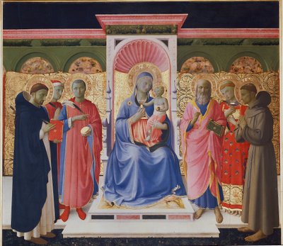 Maagd en kind met zes heiligen, Petrus, Cosmas en Damianus, Johannes, Laurentius en Franciscus (detail) door Fra  Angelico