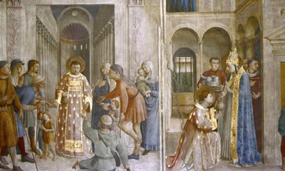 St. Sixtus vertrouwt de kerkschatten toe aan Laurentius en St. Laurentius geeft aalmoezen door Fra (c.1400 55) Angelico