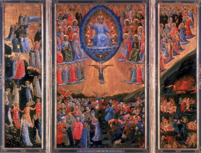 Het Laatste Oordeel. Hemel, links, Hel, rechts. Christus zit in het midden in oordeel. Fra Angelico (1400-1455) Florentijnse schilder. Drieluik. Tempera op paneel. Staatliche Museum, Berlijn. door Fra (c.1400 55) Angelico