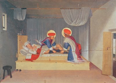 Altaarstuk, De Maagd en het Kind omringd door engelen en acht heiligen. De predella: Sint Cosmas en Sint Damianus transplanteren het been van een neger op een Justiniaanse diaken (tempera op paneel) door Fra Angelico