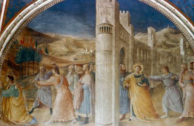 Arrestatie en steniging van St. Stefanus, midden 15e eeuw door Fra Angelico