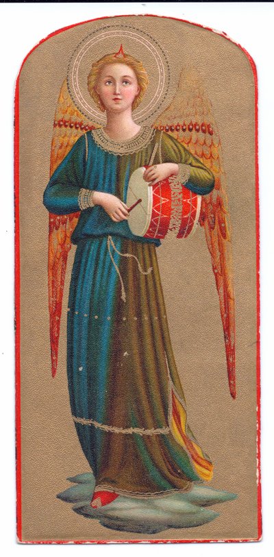 Kleurenlitho van Fra Angelico engel die drum speelt, ca. 1910 door Fra Angelico
