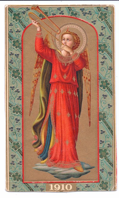 Kleurenlitho van Fra Angelico engel die trompet speelt, ca. 1910 door Fra Angelico