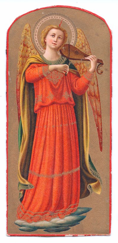 Kleurenlitho van Fra Angelico engel die viool speelt, ca. 1910 door Fra Angelico