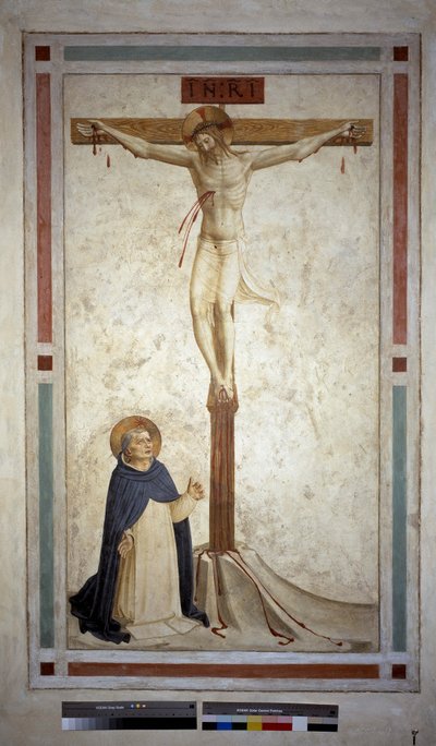 Kruisiging met Sint Dominicus. Inscriptie "INRI" op het kruis. Fresco van Guido di Pietro door Fra Angelico