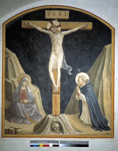 Kruisiging met de Maagd Maria en Sint Dominicus. Inscriptie "INRI" op het kruis, 1442 door Fra Angelico
