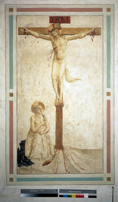 De kruisiging met Sint Dominicus. Inscriptie "INRI" op het kruis. Fresco van Guido di Pietro door Fra Angelico