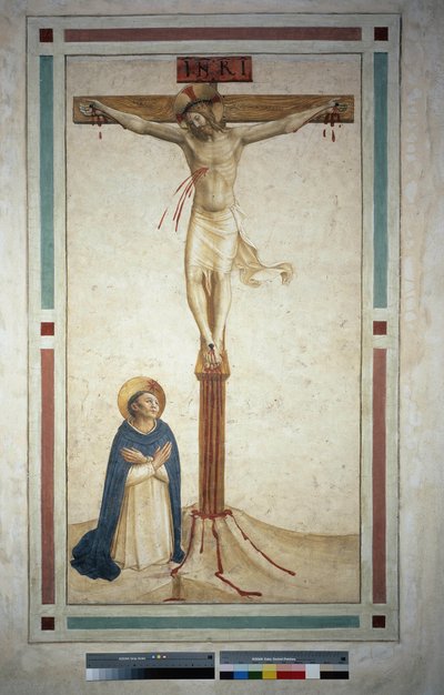 De kruisiging met Sint Dominicus. Inscriptie "INRI" op het kruis. Fresco van Guido di Pietro door Fra Angelico
