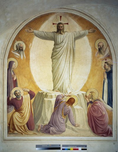De transfiguratie van Christus. De gezichten van Mozes en Elia zijn op de achtergrond te zien. Onder zien we de Maagd en Sint Dominicus. Op de grond, 3 van de apostelen. Fresco van Guido di Pietro door Fra Angelico