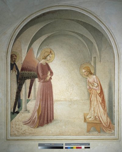 De annunciatie. Sint Pieter martelaar staat achter de aartsengel Gabriël die de aankondiging aan de Maagd Maria doet. Fresco van Guido di Pietro door Fra Angelico