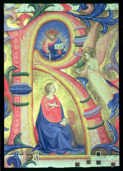 Ms 558 f.33v De Aankondiging afgebeeld in een versierde initiaal R, detail uit een Missaal, vroege 1430s door Fra Angelico