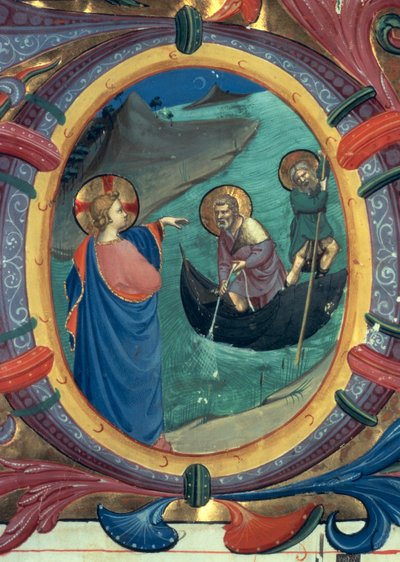 Ms 558 f.9r De Roeping van St. Petrus en St. Andreas, detail van versierde initiaal O uit een Missaal, vroege 1430s door Fra Angelico