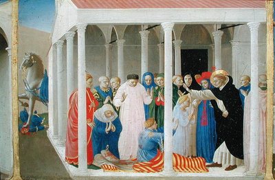 De Opstanding van Napoleon Orsini door St. Dominicus, van het predellapaneel van de Kroning van de Maagd, ca. 1430-32 door Fra Angelico