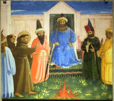 De Vuurproef, Franciscus biedt aan door het vuur te gaan om de Sultan van Egypte te bekeren (Legenda maior, IX, 8) door Fra Angelico